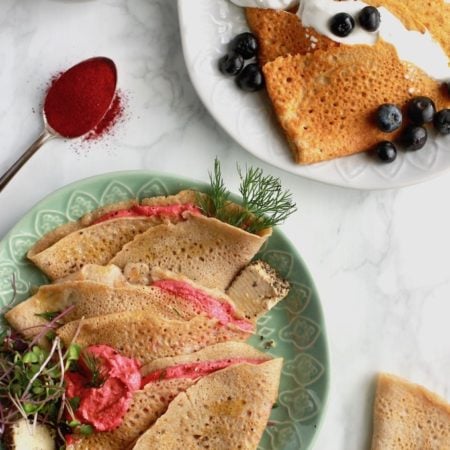 5-Ingredient Gluten-Free Crepes (Cassava Flour) 2 Ways // Savory Beet & Dill and Sweet Pumpkin Chocolate