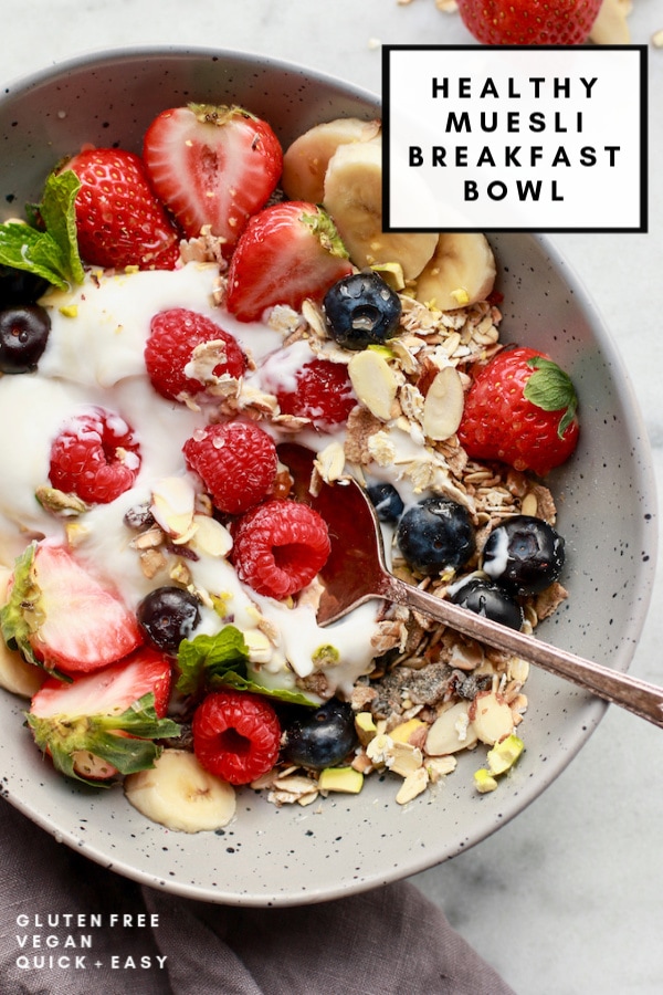 This simple and healthy breakfast muesli is made with coconut yogurt, berries, and gluten-free muesli. It can also be vegan with the use of maple syrup instead of honey. Add this one to your recipe ideas for easy mornings!