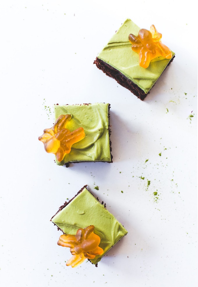 8 Easy & Healthy Halloween Treats for Kids & Adults Alike! - Dark Cocoa Brownies with Whipped Matcha Frosting via Heartbeet Kitchen