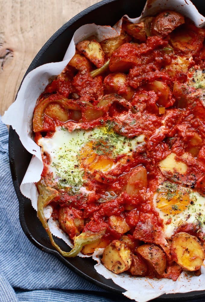 Savoury Herb Potato & Tomato Baked Egg Skillet Nutrition in the Kitch