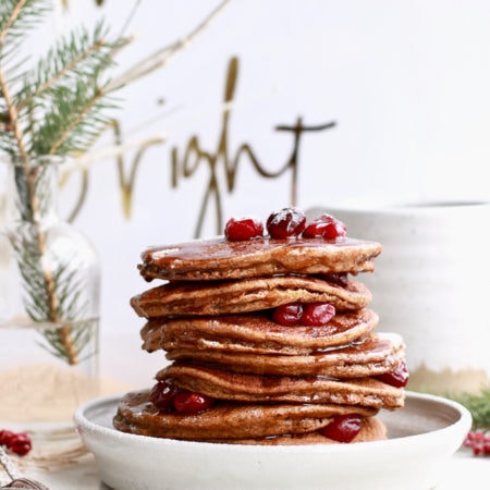 This recipe for healthy gingerbread pancakes is sure to be a crowdpleaser. The pancakes are easy, healthy, gluten free, paleo and perfect for Christmas morning, or any time of the year you are craving gingerbread!