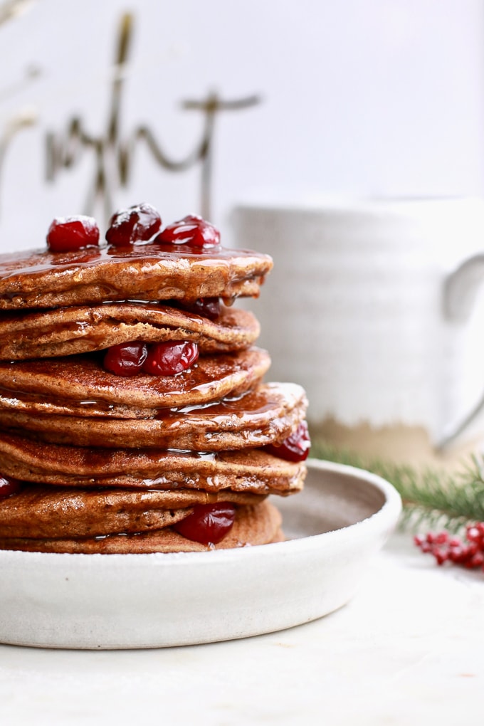 This recipe for healthy gingerbread pancakes is sure to be a crowdpleaser. The pancakes are easy, healthy, gluten free, paleo and perfect for Christmas morning, or any time of the year you are craving gingerbread!