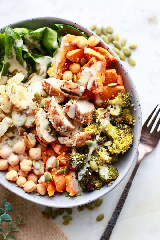 Roasted Veggie Winter Buddha Bowl with Chicken | Nutrition in the Kitch