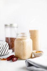 This healthy banana almond butter and medjool date smoothie recipe is the smoothie recipe of all smoothie recipes! It’s vegan (plant-based), packed with protein, so easy to make, full of fibre, and has a perfect touch of cinnamon! Great for breakfast or a snack or enjoy it as a smoothie bowl topped with your favourite granola!